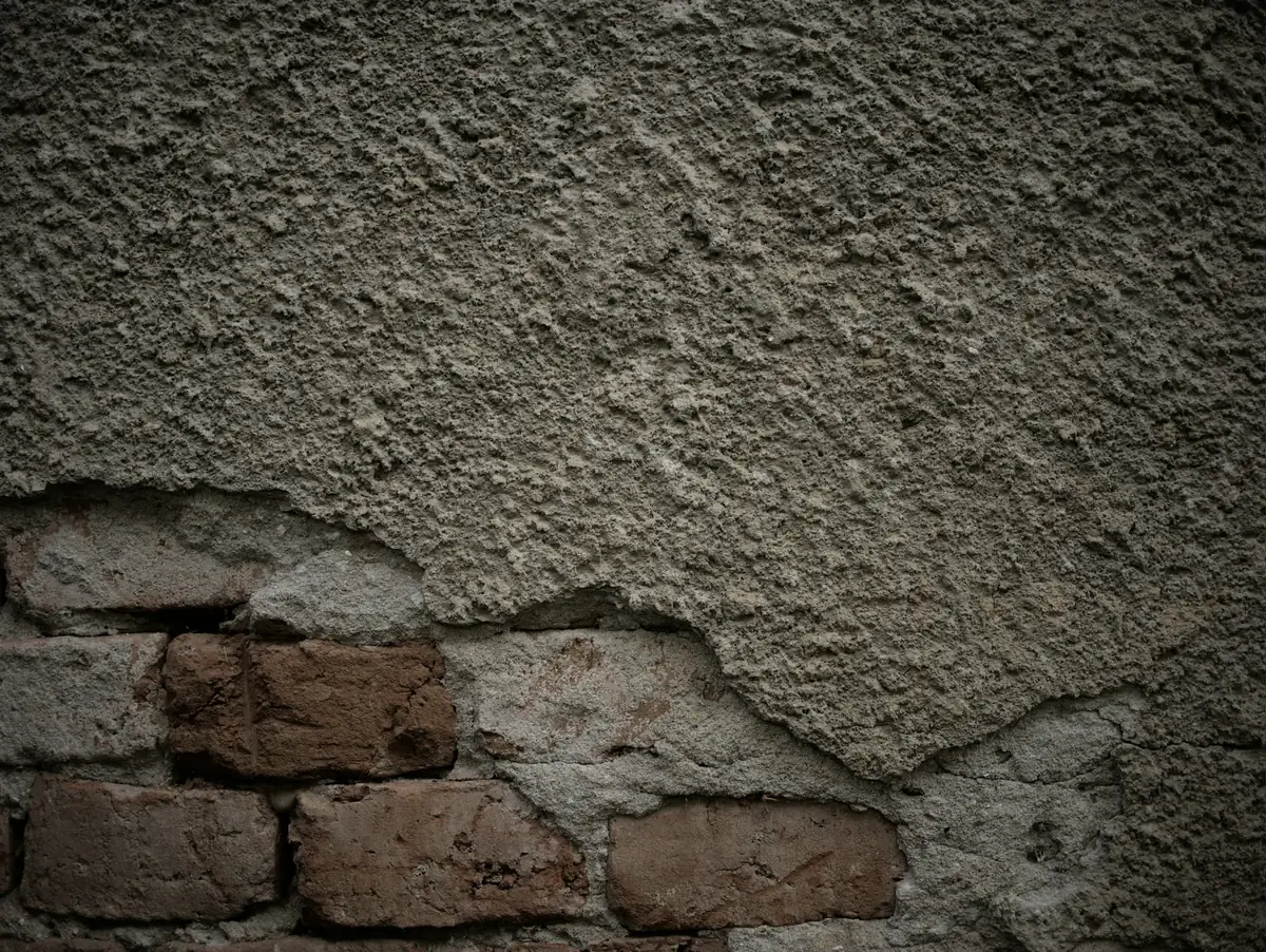 Enduit qui se détache par plaques et laisse voir les briques du mur