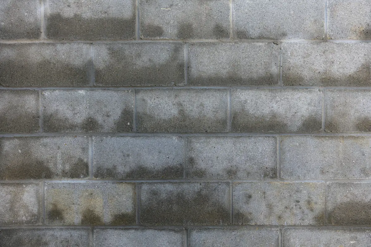 Mur de blocs gris marqué de longues taches sombres d'humidité
